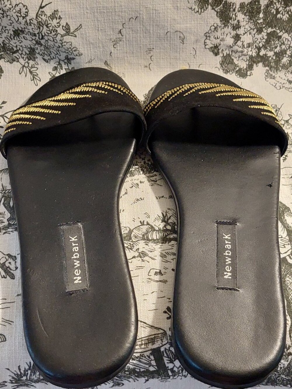 NewbarK Women's 8 suede slides gold embroidered detailing and a flat sole